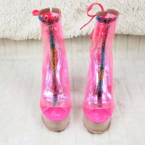 Golden Bulls Clear Pink Heels With Rhinestone s Trim - Picture 5 of 7